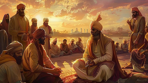une peinture d'hommes assis sur le sol avec un coucher de soleil en arrière-plan