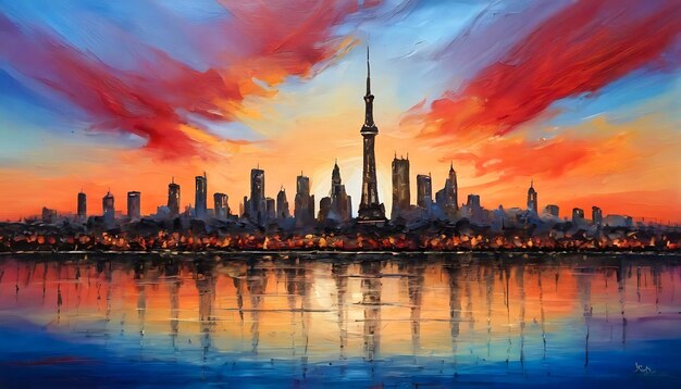 Une peinture de l'horizon de la ville au coucher du soleil