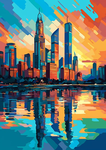 Peinture d'un horizon de la ville avec un reflet dans l'ai générative de l'eau