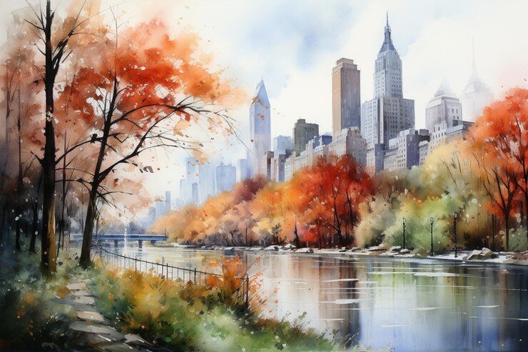 peinture d'un horizon de ville avec une rivière et des arbres au premier plan IA générative