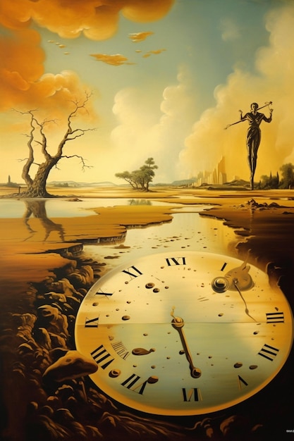 peinture d'une horloge avec un homme debout dessus dans un désert ai génératif