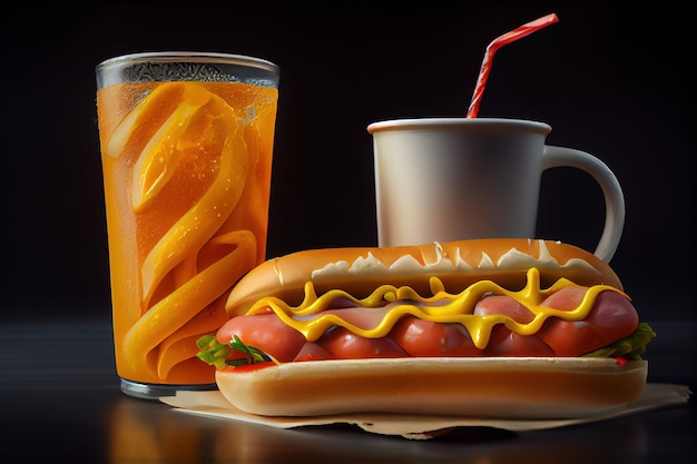 Une peinture d'un hot-dog avec de la moutarde et une tasse de café.