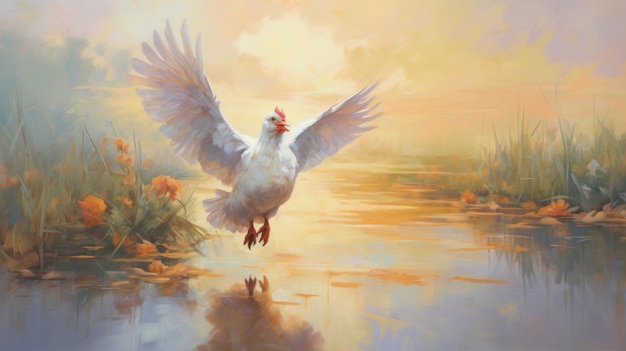 Peinture à l'huile abstraite Poulet blanc majestueux débarquant dans le marais