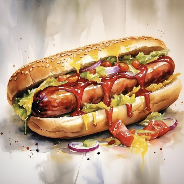 Peinture à l'huile à l'aquarelle dessinée à la main hot dog