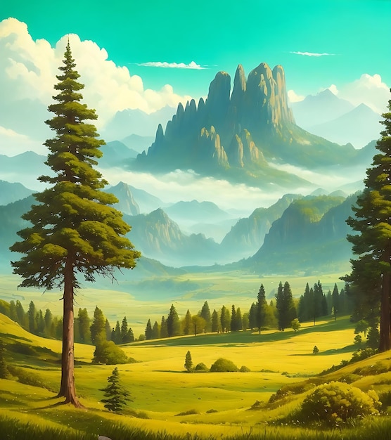 peinture à l'huile aquarelle d'une rivière avec une montagne et des palmiers Ai généré