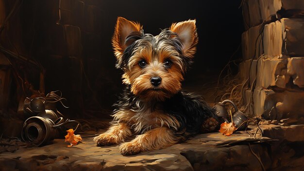 La peinture à l'huile au niveau du sol du Yorkshire Terrier captivant