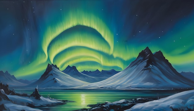 Peinture à l'huile des aurores boréales dans le ciel nocturne d'Islande