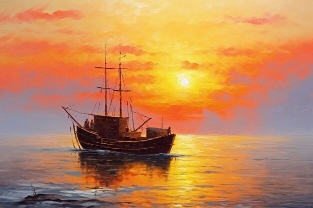 Peinture à l'huile d'un bateau de pêcheur au coucher du soleil sur la mer Concept de paysage de mer AI Génératif
