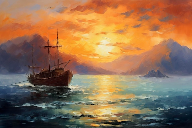 Peinture à l'huile d'un bateau de pêcheur au coucher du soleil sur la mer Concept de paysage de mer AI Generative