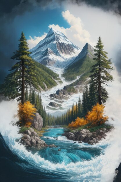 peinture à l'huile de beau paysage de printemps forêts neige montagnes et rivière sur toile