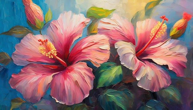 Peinture à l'huile de belles fleurs d'hibiscus Composition florale Art dessiné à la main détaillé