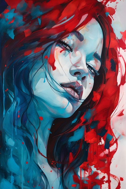 Une peinture à l'huile en bleu et rouge d'une belle jeune femme aux cheveux ondulés
