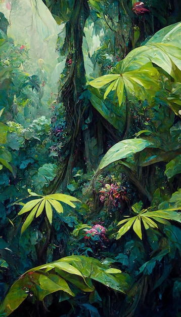 Peinture à l'huile de la canopée de la jungle grandes feuilles fleurs rendu 3D détaillé