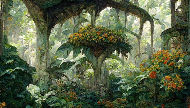 Peinture à l'huile de la canopée de la jungle grandes feuilles fleurs rendu 3D détaillé