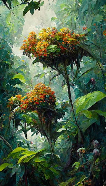 Peinture à l'huile de la canopée de la jungle grandes feuilles fleurs rendu 3D détaillé