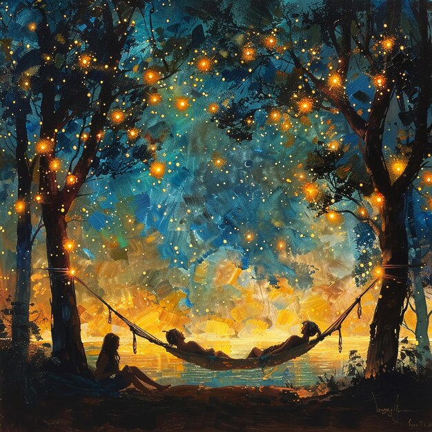 Peinture à l'huile capturant la tranquillité de la journée mondiale du sommeil avec des gens se reposant dans des hamacs sous les étoiles