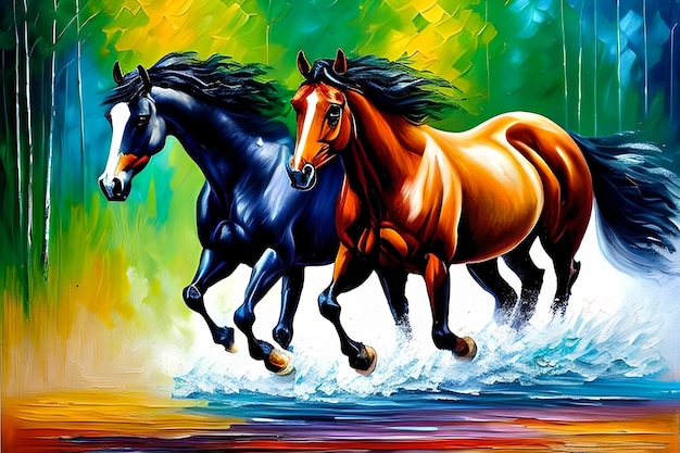 Peinture à l'huile deux chevaux