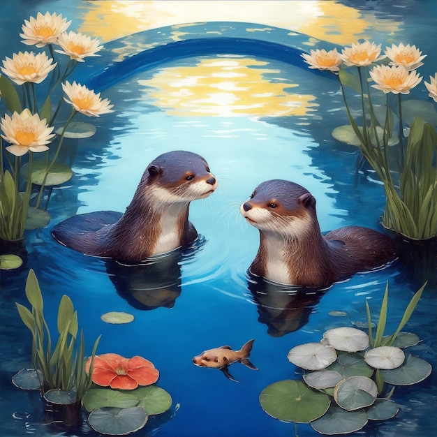 Peinture à l'huile de deux loutres mignonnes mangeant des poissons dans une belle eau bleuâtre avec des nénuphars