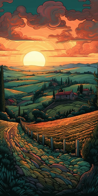 Peinture à l'huile du coucher de soleil de la Toscane sur les collines