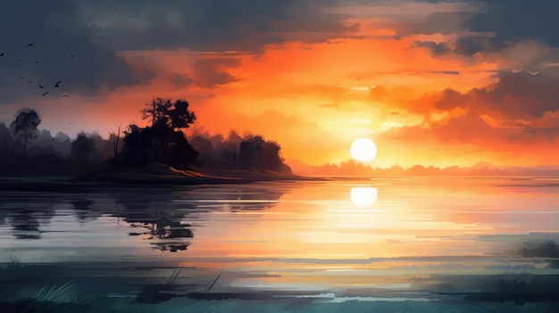 Peinture à l'huile du lagon au lever du soleil dans le style d'Adele