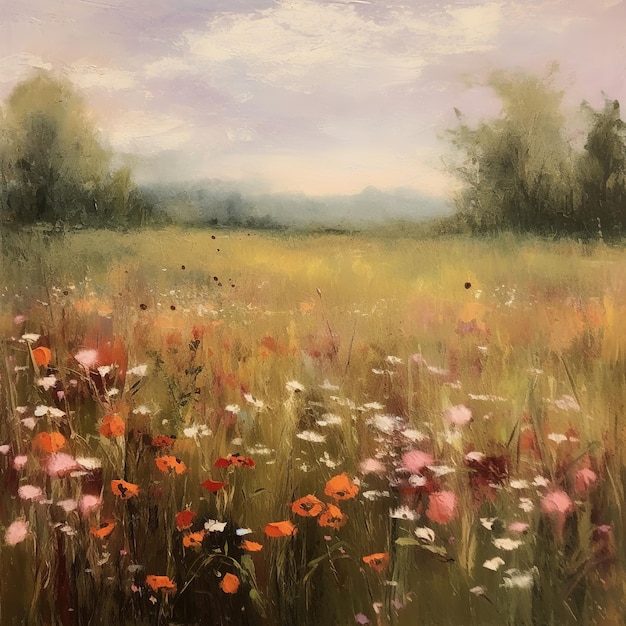 Peinture à l'huile du paysage des champs de fleurs sauvages