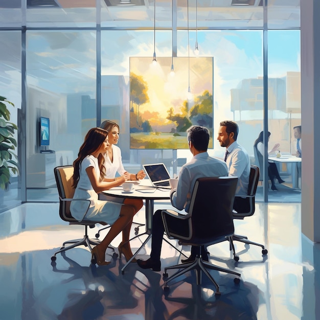 Peinture à l'huile espace de bureau moderne ouvert salle de réunion hommes et femmes d'affaires