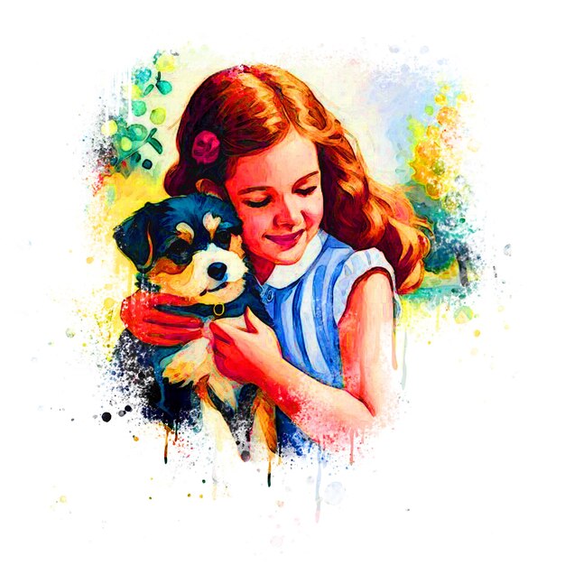 Photo peinture à l'huile d'une fille avec son chien