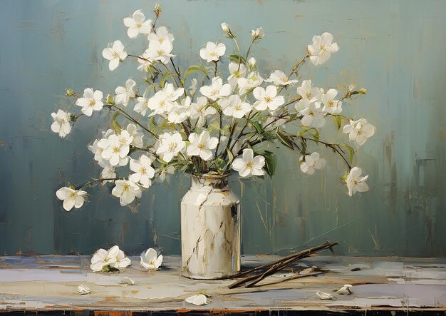 Peinture à l'huile avec des fleurs blanches dans un vase d'élégance artistique