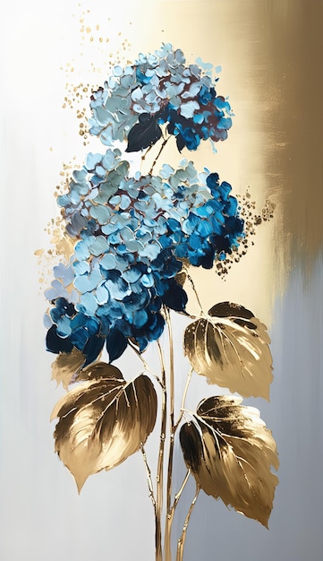 Peinture à l'huile florale abstraite fleur d'hortensia dorée et bleue sur fond blanc