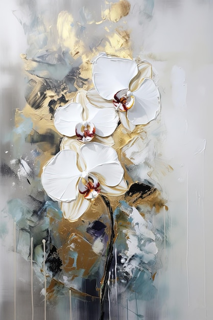 Peinture à l'huile florale abstraite orchidées dorées et blanches sur fond coloré