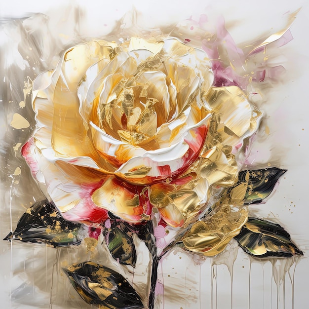 Peinture à l'huile florale abstraite Rose dorée et blanche sur fond avec des coups de pinceau AI générative