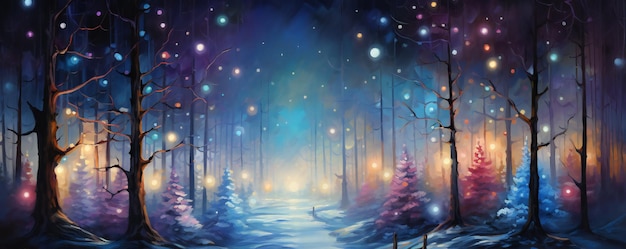 Peinture à l'huile d'une forêt magique avec des arbres de Noël et des lumières bokeh brillantes