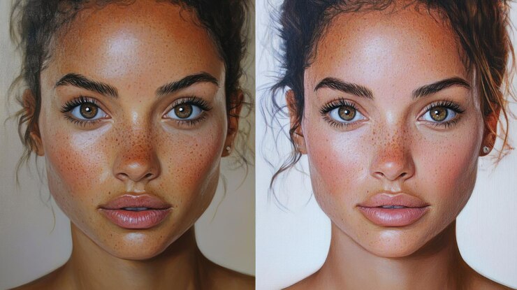 Photo peinture à l'huile en gros plan d'un visage de femme avec des taches de rousseur