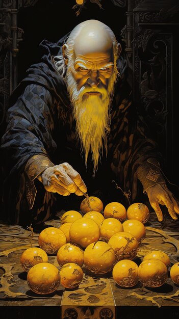 une peinture à l'huile d'un homme tenant un panier d'oranges