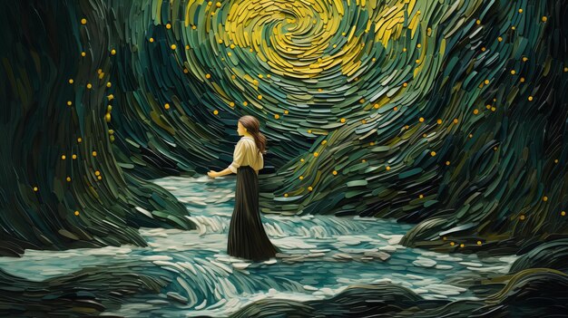 Photo peinture à l'huile inspirée de van gogh femme marchant dans une cascade entourée de forêts