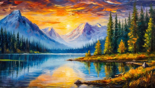 Peinture à l'huile d'un magnifique paysage de lac avec des montagnes et une nature verte Ciel avec des nuages