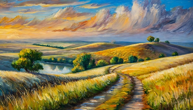 Peinture à l'huile d'un magnifique paysage de steppe Ciel avec des nuages paysage naturel Art dessiné à la main