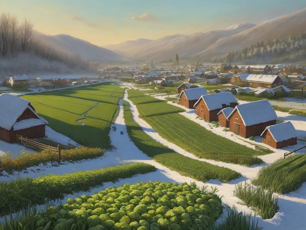 Une peinture à l'huile d'un matin d'hiver dans le village