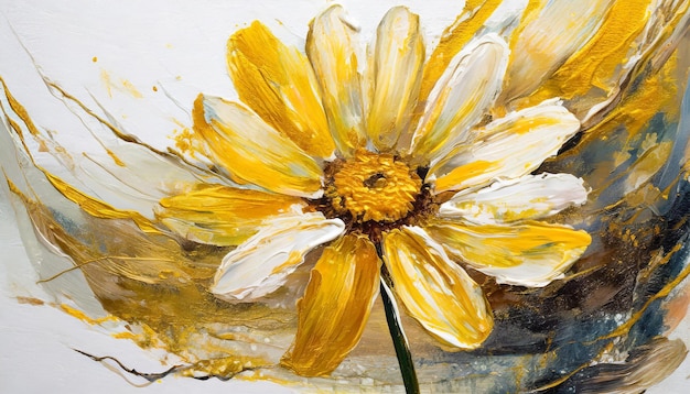 Peinture à l'huile d'or et de marguerite jaune sur fond blanc Art floral abstrait