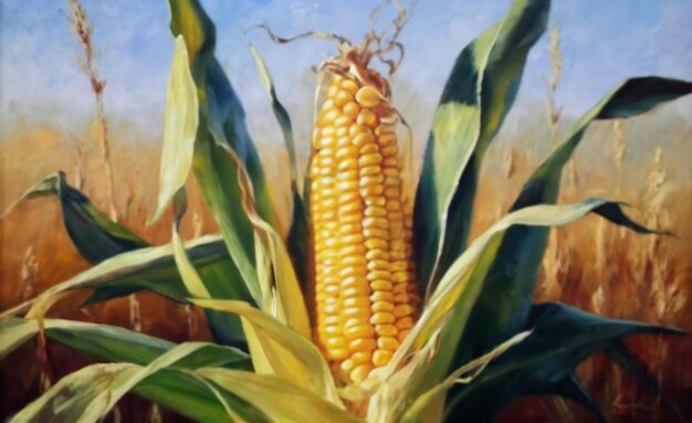 Peinture à l'huile d'une oreille de maïs en gros plan