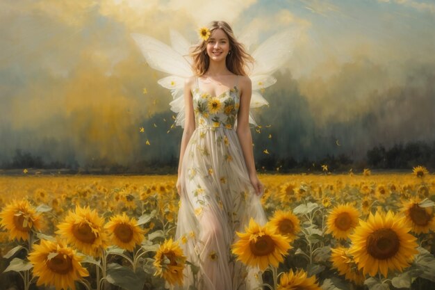 Photo peinture à l'huile originale d'une jeune femme dans un champ de tournesols sur toileimpressionnisme moderne