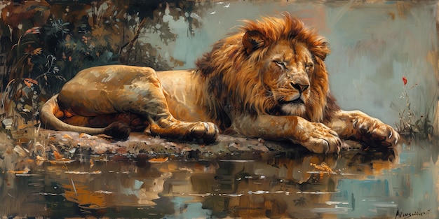 Peinture à l'huile originale peinte lion dans des couleurs colorées beaux yeux bleus vitreux contemporains