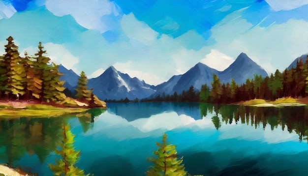 Peinture à l'huile d'un paysage paisible au bord d'un lac alpin avec le reflet des montagnes environnantes