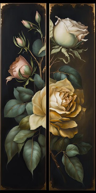 Peinture à l'huile représentant un triptyque de roses et de feuillages dorés avec un fond d'impressions botaniques sur toile à l'intérieur