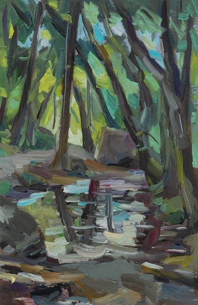 Peinture à l'huile de rivière de forêt