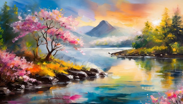 Peinture à l'huile de sommets de montagnes, de rivières ou de lacs, de la nature en fleurs et d'arbres aux fleurs roses.