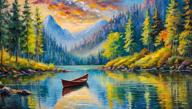 Peinture à l'huile sur toile d'un beau paysage avec un bateau sur des montagnes de lac et une forêt verte