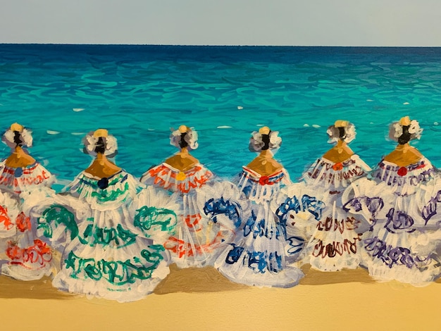 Peinture à l'huile sur toile d'une femme en robes magnifiques dansant au bord de la mer passe-temps de peinture d'art
