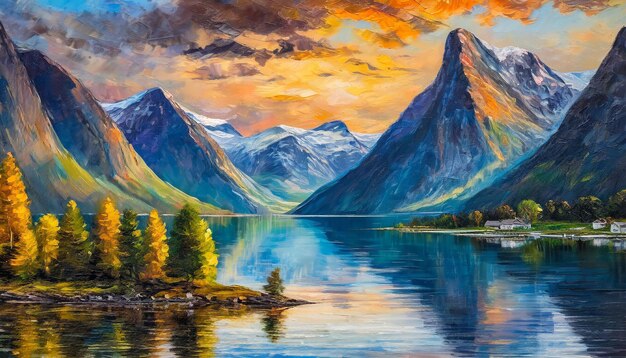 Peinture à l'huile sur toile d'un magnifique paysage de fjord avec des montagnes et une nature verte Art dessiné à la main