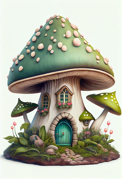 Peinture à l'huile vintage de maison de fée de champignon